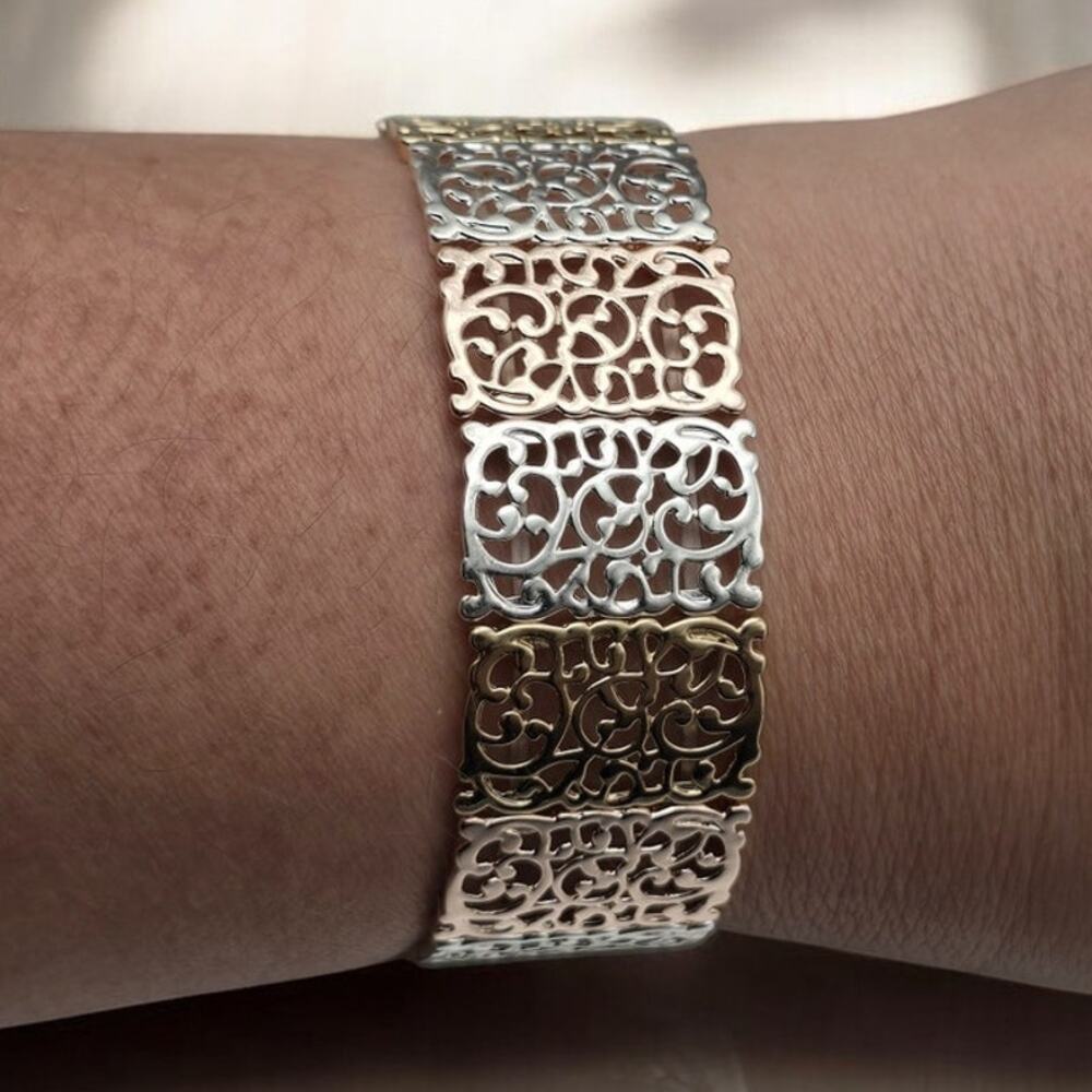 Lauren Conrad Tri-Tone Gold, Silver & Rose Gold Filigree Stretch Bracelet NWT